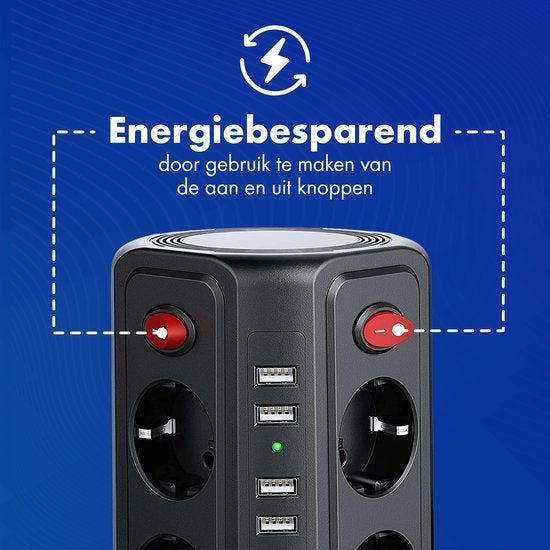 Stekkerdoos met Schakelaar en USB - Energiebesparende Aan/Uit Knoppen - Stekkerblok - Verdeelstekker - Powercube - Zwart - 3 Meter Kabel