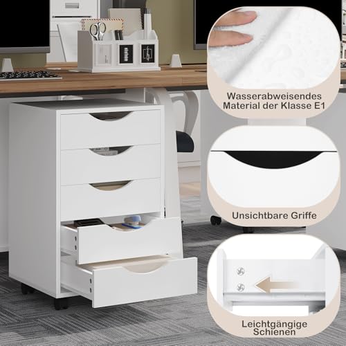 Woltu Kantoor Kast met 5 Lades - Mobiele Opbergkast - Wit - 40 x 40 x 66,5 cm