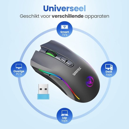 Garpex® Stille Draadloze Muis - Gaming muis - Computermuis - Muis Draadloos - Met LED Verlichting - Oplaadbaar - Zwart