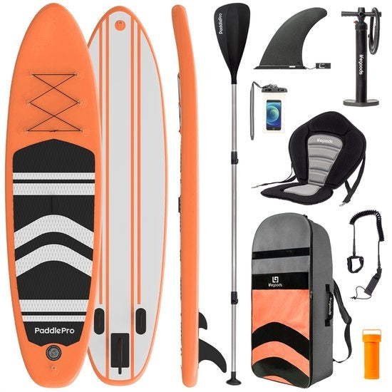 LifeGoods SUP Board - met Zitje - Opblaasbaar Paddle Board - Complete Set - Max. 135KG - 320x81cm - Oranje