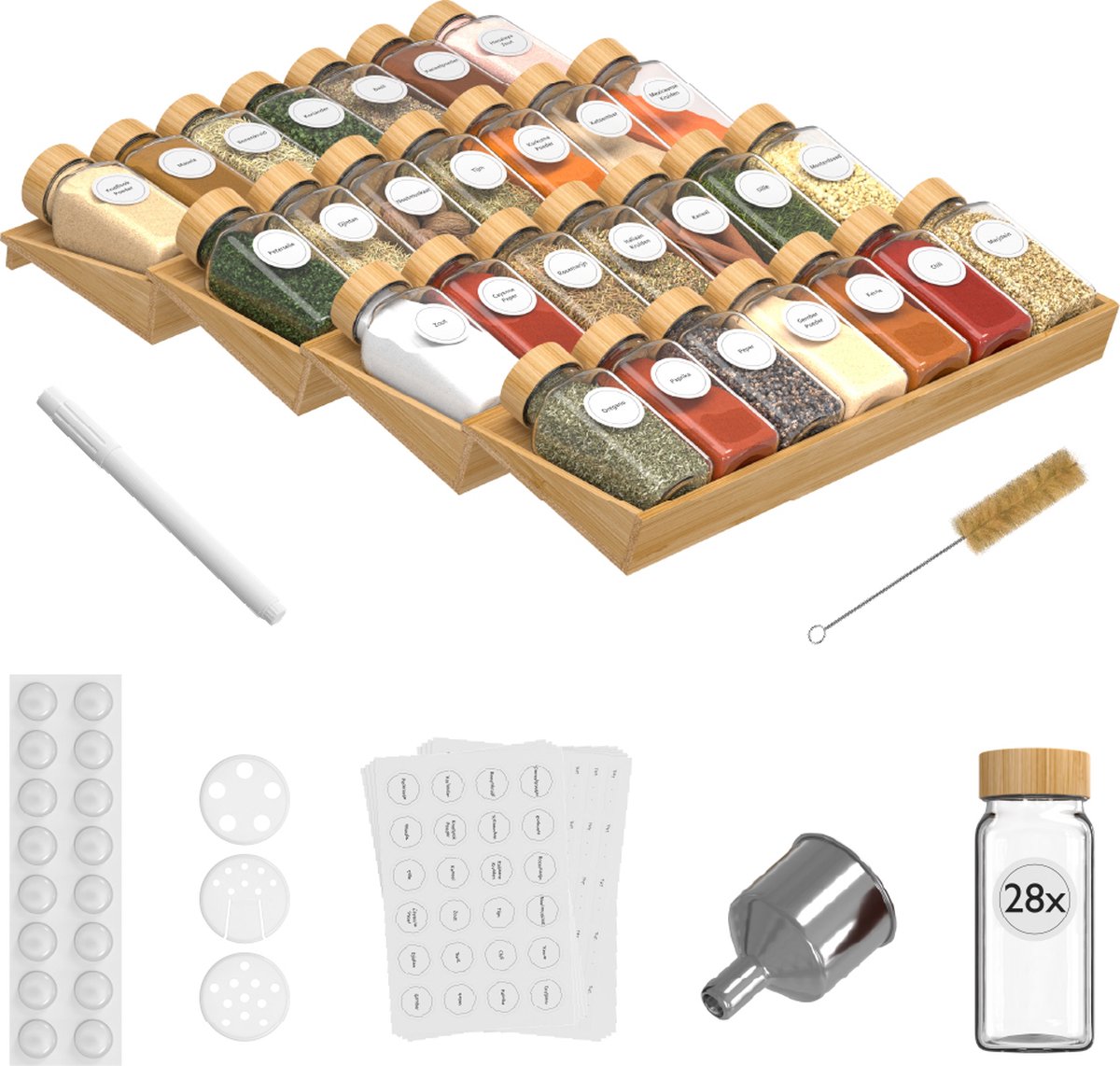 Noswo Kruidenrek Lade - Met 28 Potjes - Complete Set - Vierkant - Strooideksel en Labels - Kruiden Organizer - Keukenlade Organiser - Bamboe
