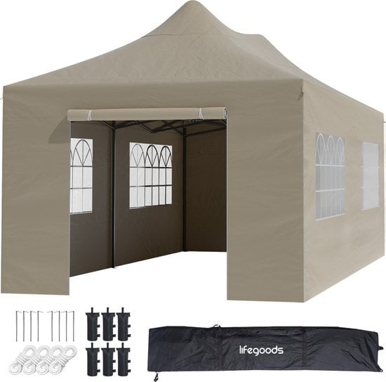 LifeGoods Partytent - Paviljoen - EasyUp - Opvouwbaar - 4 Zijwanden - Waterdicht - Met Draagtas met wieltjes - 300 x 600 cm - Beige
