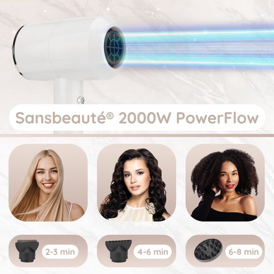Sansbeauté® Föhn met Diffuser – Ionische Haardroger – Borstel - Reisföhn - 3 Opzetstukken - Krullen – Coolshot – 3 Standen – Haarföhn met Diffuser – Hair Dryer - 2000W - Wit