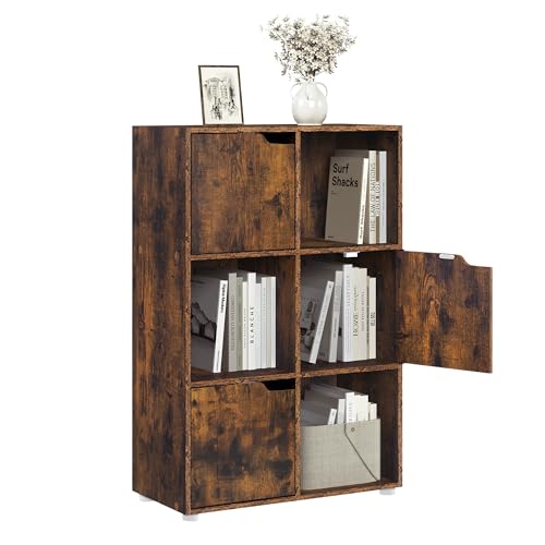 Woltu Boekenkast SK001vbn 6 Vakken met Deuren - Houten Kast Rustiek Bruin - 59,7 x 29 x 91 cm