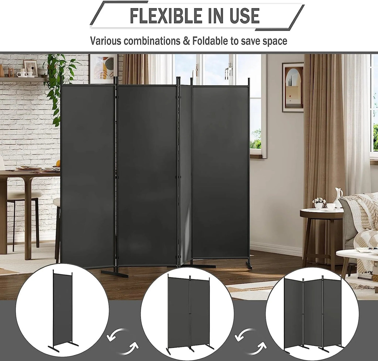 Woltu Paravent Ruimteverdeler & Privacy Scherm 4-Delig Donkergrijs - 223 x 177 cm - Opvouwbare Scheidingswand voor Binnen en Buiten