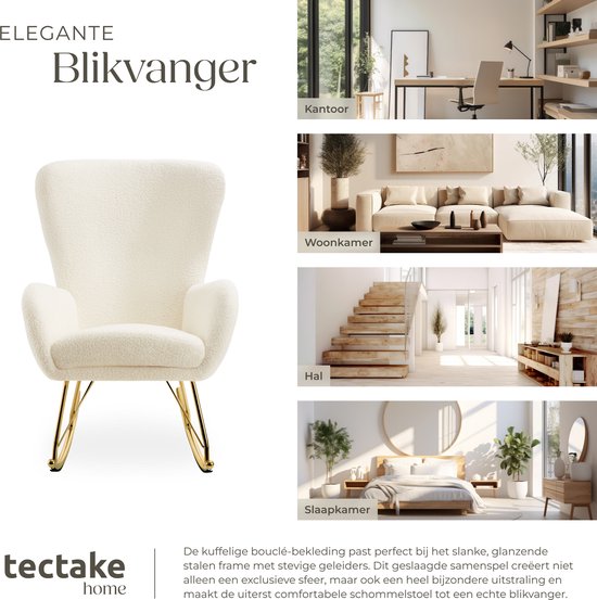 tectake® Swing Schommelstoel – Gestoffeerde Bouclé Fauteuil met Stalen Glijders en Extra Dik Zitkussen – Scandinavisch Design, Onderhoudsvriendelijk en Ergonomisch – creme/goud