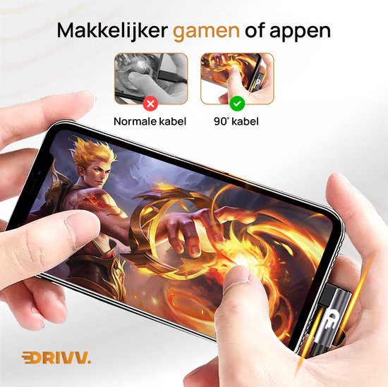 Drivv. USB naar USB C Kabel - Haaks - USB C Data en oplaadkabel - Fast Charge / Snellader - 1 Meter - Grijs
