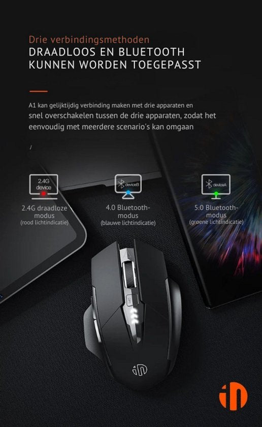 HyperClaw Elementkey Gaming Muis - 2 in 1 Bluetooth 5.0/4.0 + 2.4Ghz - 6-Knoppenontwerp – 1000/1200/1600DPI – Batterij Indicator – Zwart