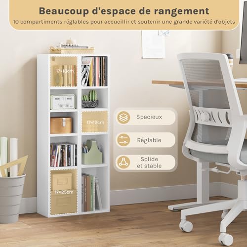 Woltu Kubusplank met 10 Vakken - Smalle Hoge Boekenkast - Wit - 19,5 x 17 x 92,5 cm