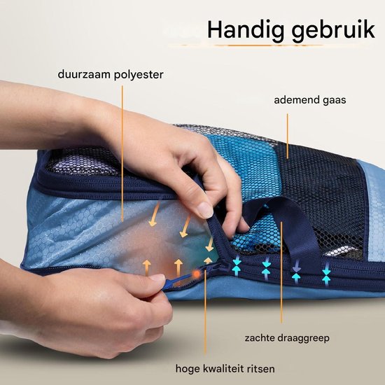 Packing Cubes Set van 7 - met compressie voor koffer en rugzak incl. pakzak, Mariner's Azure - Blauw