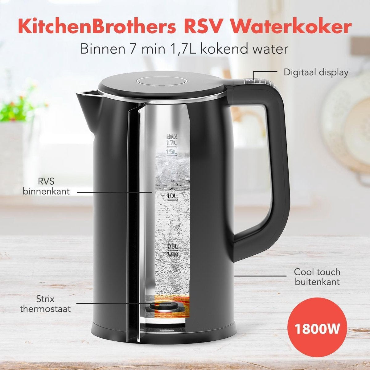 KitchenBrothers Waterkoker - 1.7L - RVS, Kunststof - BPA vrij - 1800W - 22x15.50x26.55 cm - Zwart