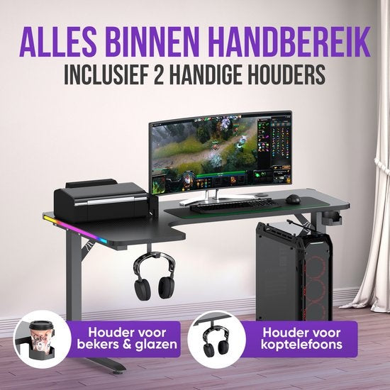 Avalo - Gaming Bureau & L-Vormig Hoekbureau - 160x100x75 cm - Met RGB LED-verlichting - Bekerhouder & Headsethaak - RVS & ABS - Zwart