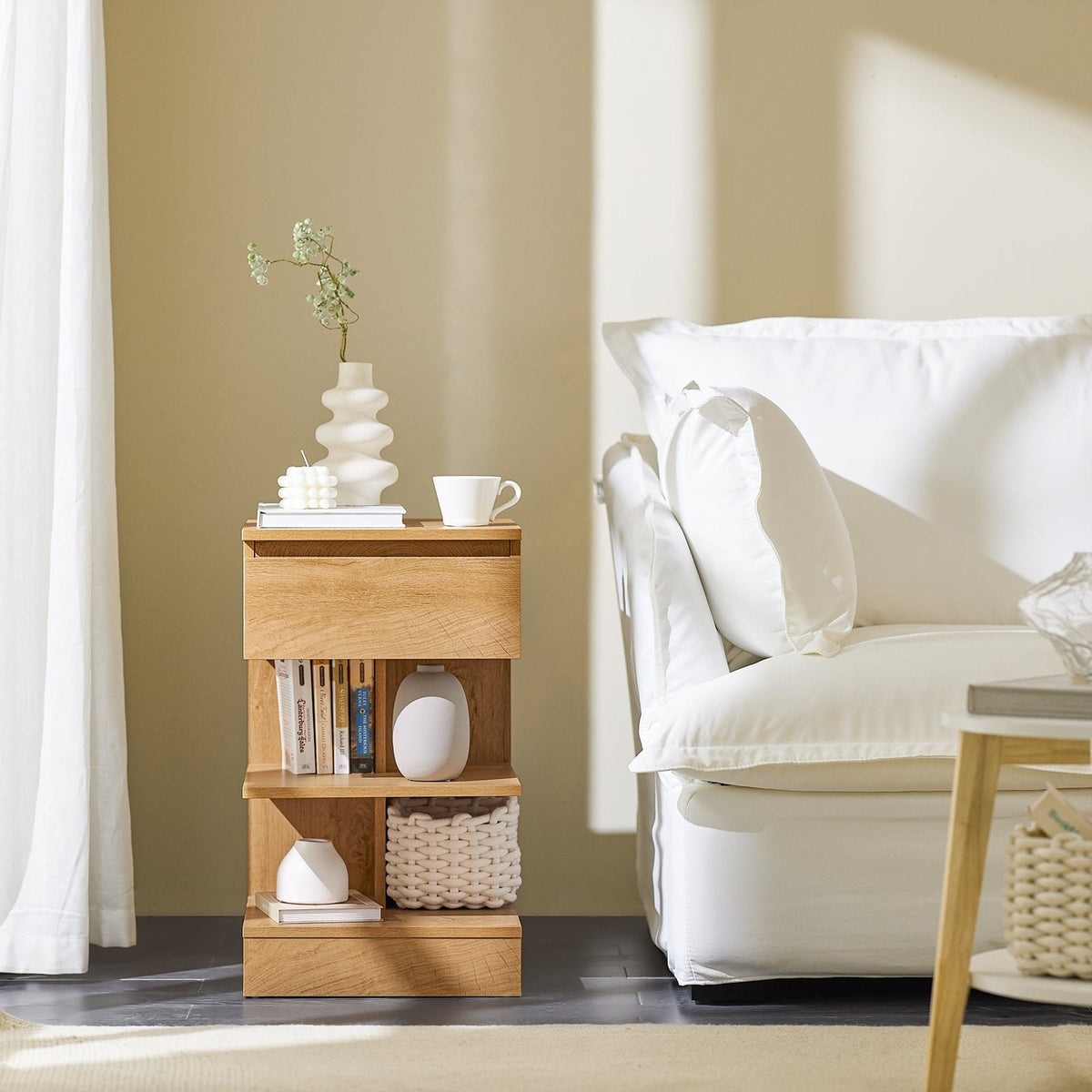 SoBuy Bijzetkastje - Salontafel met 1 uitschuifbare lade - Max. 45KG - 39 x 65 x 39 cm - Houtkleur