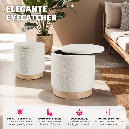 tectake® - Set van 2 krukken met opbergruimte - bouclé teddy stof - Scandi - Gestoffeerde kruk rond - Voor make-uptafel, slaapkamer, woonkamer - 2 maten (38 en 32cm)