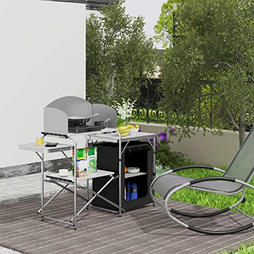 Woltu Campingtafel Zwart/Wit – Inklapbare Campingkeuken met Opbergtas – 147 x 40 x 111 cm