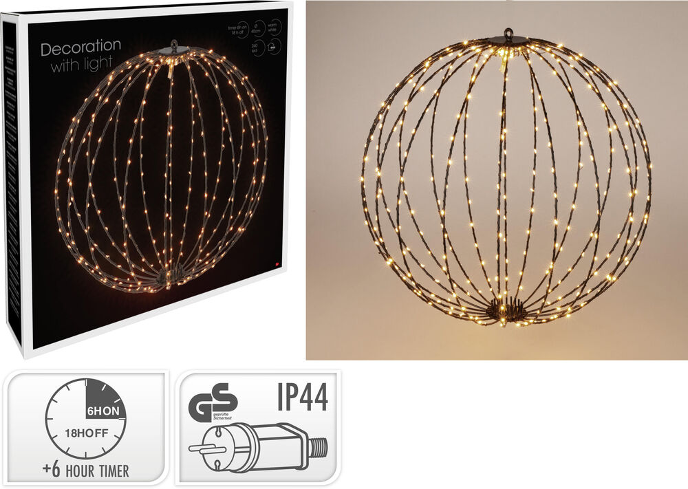 Nampook LED Lichtbal & Kerstbal van Metaal 240 LED 40 cm – Zwart Frame – Warm Wit