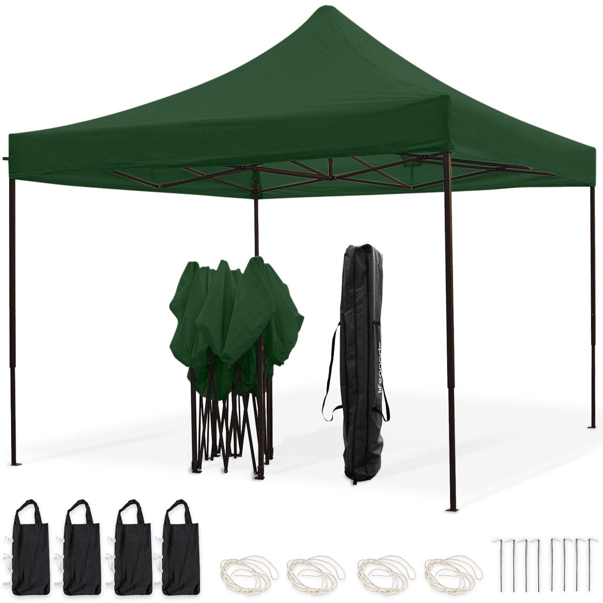 LifeGoods Partytent - Paviljoen - EasyUp - Opvouwbaar - Waterdicht - Met Draagtas met wieltjes - 300 x 300 cm - Donkergroen