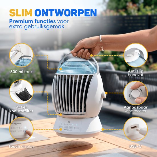 Vulpes Goods® Tech - Mini Airco ELITE - Mobiele Luchtkoeler met Afstandsbediening - Aircooler 6in1 - 3 luchtbevochtigingsstanden met Swingfunctie - 3 windsnelheden - 100% Anti-lek - Incl. kabel & adapter meegeleverd - Thuis & Kantoor