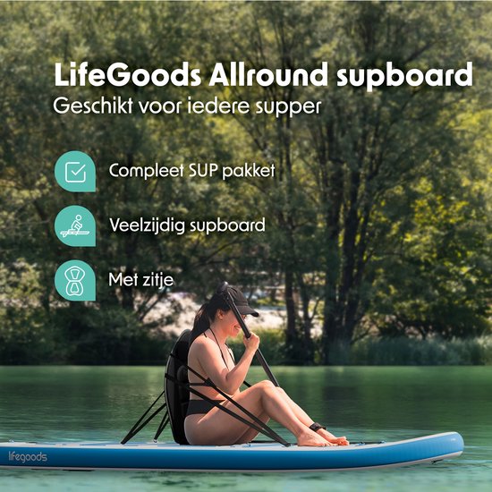 LifeGoods PaddlePro SUP Board - met Zitje - Opblaasbaar Paddle Board - Complete Set - Max. 135KG - 320x81cm - Wit/Sky Blue