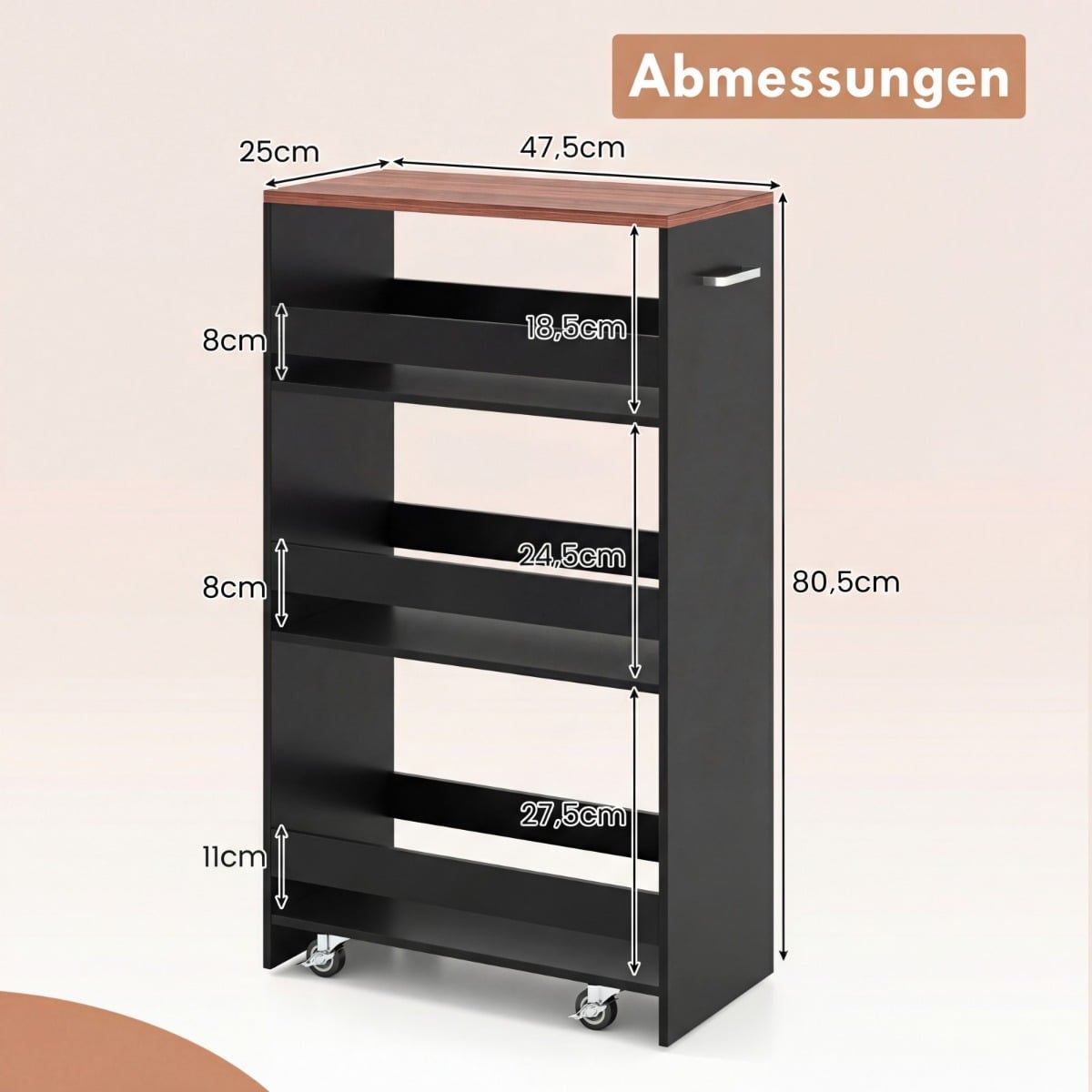 Coast smalle keukenwagen - 4-laags opbergwagen op wielen 47,5 x 25 x 80,5 cm - Zwart/Bruin
