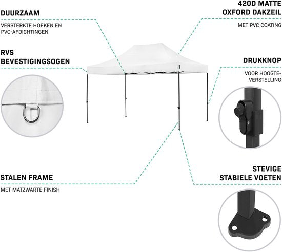 VONROC Partytent - 3x4.5 m – Premium easy-up Partytent – Modulair ontwerp - Opvouwbaar – Waterdicht – Stalen Frame - 50+ UV Bescherming - Incl. Opbergtas - Wit