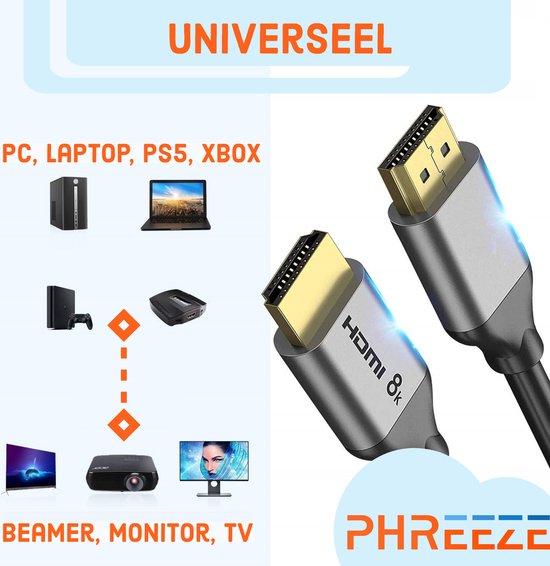 HDMI naar HDMI 8K@60hz - Nylon - Modern Grijs - 3M