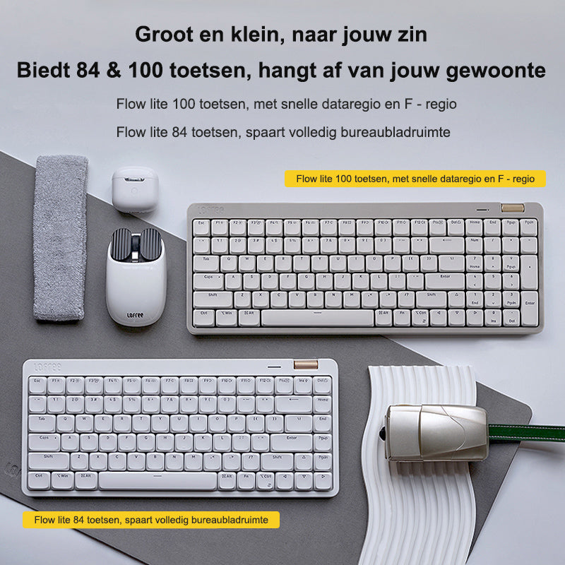 Lofree OE921 75% kantoortoetsenbord, tri-mode, US QWERTY-indeling, 84 toetsen, laagprofiel lineaire switches, 2000 mAh batterij, volumewiel, roze