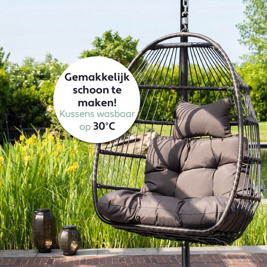 Vita5 Egg Hangstoel – Binnen en Buiten – Cocoon Stoel - met Standaard - tot 150kg – Opvouwbaar - Incl. Kussen – Donkerbruin