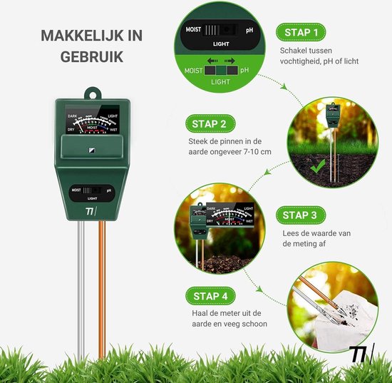 TIKKENS® Vochtmeter Bodem Planten - Vochtigheidsmeter Planten - pH en Lichtmeter - 3 in 1 - Bloemen/Planten - Tuinaarde Testen - Vochtmeters