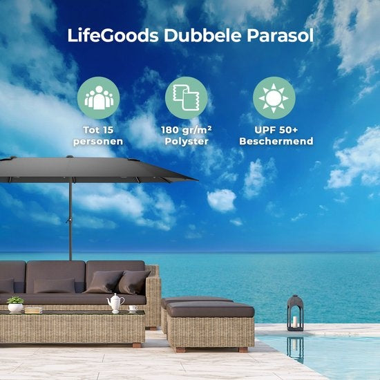 LifeGoods Dubbele Parasol - 270x460cm - Waterdicht - met Hoes - Donkergrijs