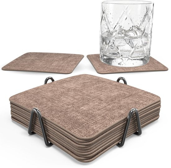 Castagnola Kunstlederen Onderzetters – Onderzetters voor Glazen – Design Onderzetters met Houder – Leren Onderzettersset met metalen houder – Leder – Set van 10 - Gemêleerd Bruin - 10x10cm