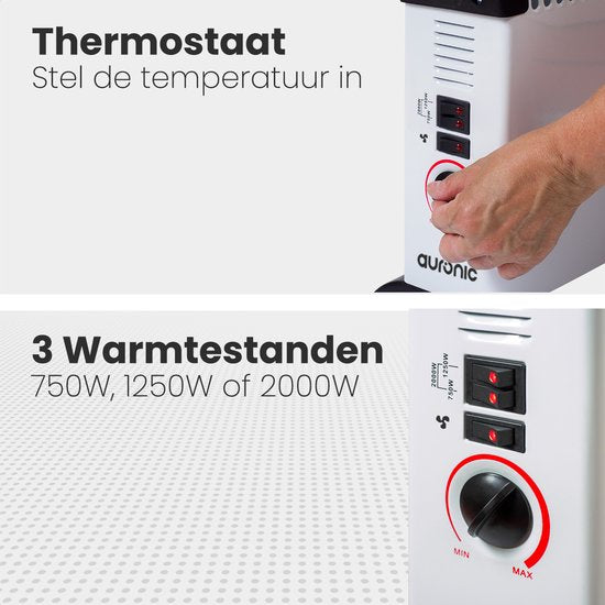 Auronic Elektrische Convectorkachel - 750/1250/2000 Watt - Met Ventilator - Verwarming - Ventilatorkachel - Wit