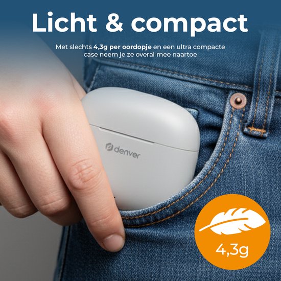 Denver Earbuds - Lichtgewicht Oordopjes - 6 uur luisteren - Bluetooth 5.3 - TWE48 - Grijs