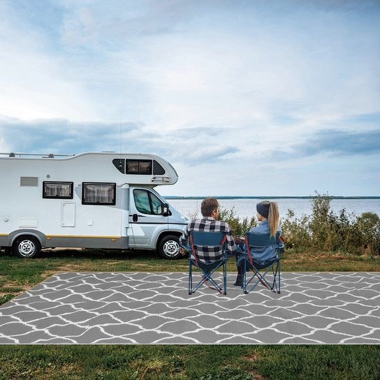 LifeGoods Buitenkleed - 274x350CM - Vloerkleed - Tuintapijt - Buitentapijt - Omkeerbaar - Incl. Draagtas - Met Patroon - Grijs/Wit