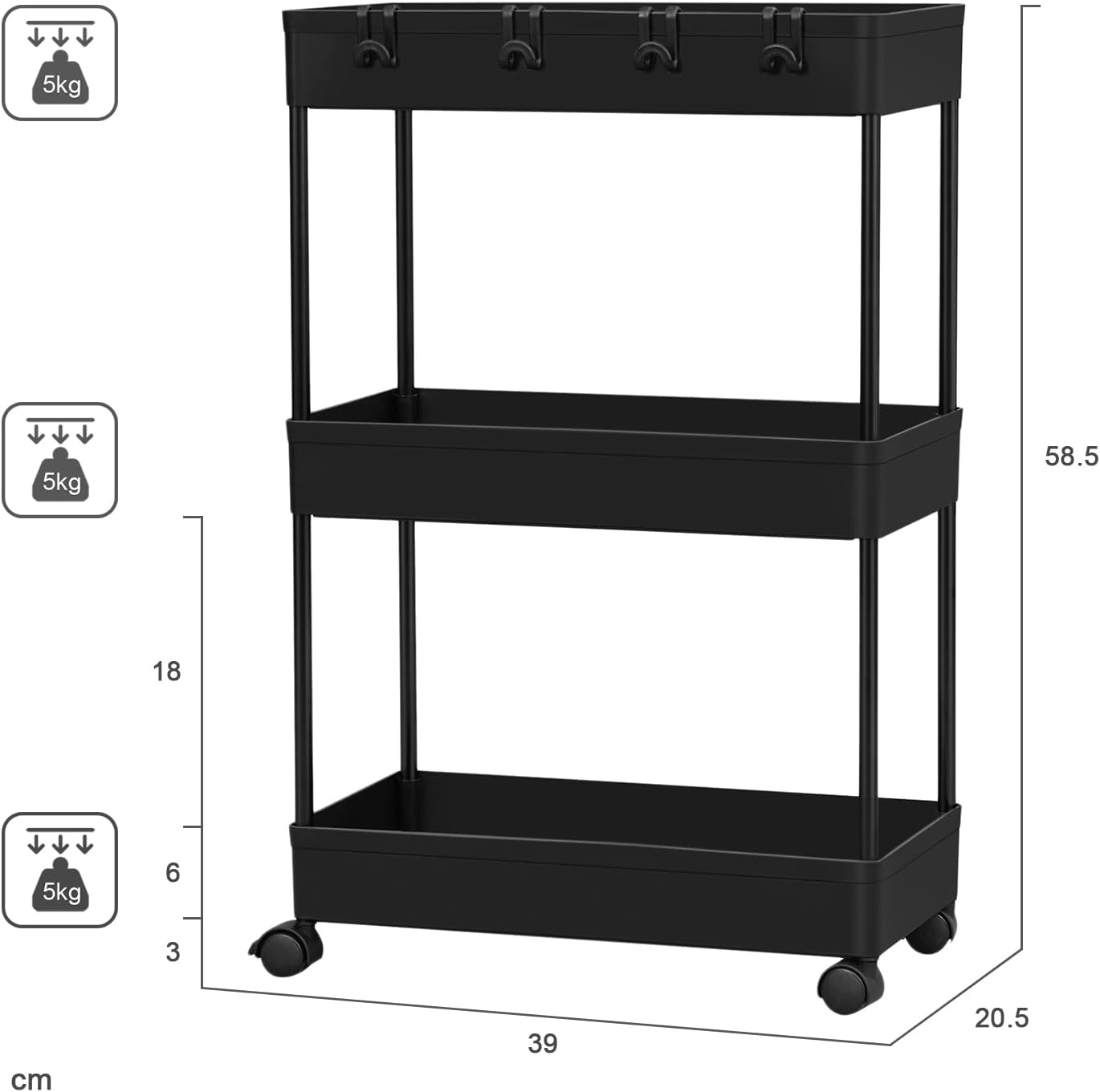 Klihome Opbergwagen 3-Laags - 39 x 20,5 x 58,5 cm - Verrijdbaar - Tot 15 kg