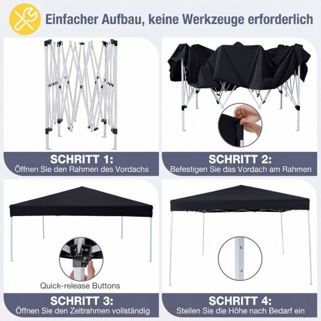 Coast Pop-Up Partytent 290 × 290 cm – Opvouwbaar Paviljoen met 3 Hoogtestanden, Draagtas, Scheerlijnen & Grondpennen – Zwart