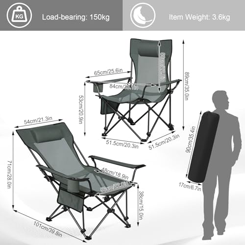 Woltu Set van 2 Opvouwbare Campingstoelen met Verstelbare Rugleuning en Bekerhouder - Grijs