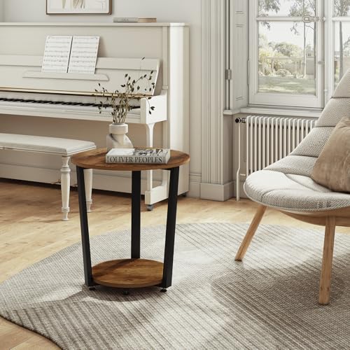 Woltu Ronde Salontafel met 2 Planken - Metaal en Hout - Rustiek Bruin - 50 x 53 x 50 cm