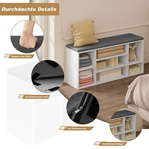 Woltu Schoenenbank met 7 Vakken - Houten Schoenenrek met Zitting en Kussen - Wit met Grijs - 103,5 x 48 x 30 cm