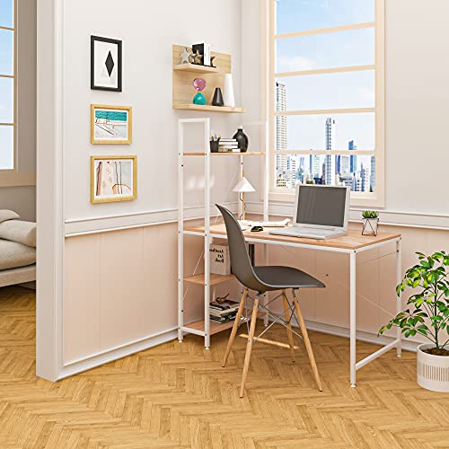 Woltu Computertafel Licht Eiken + Wit met 4 Opbergrekken - Ruime Werkplek 120x64 cm