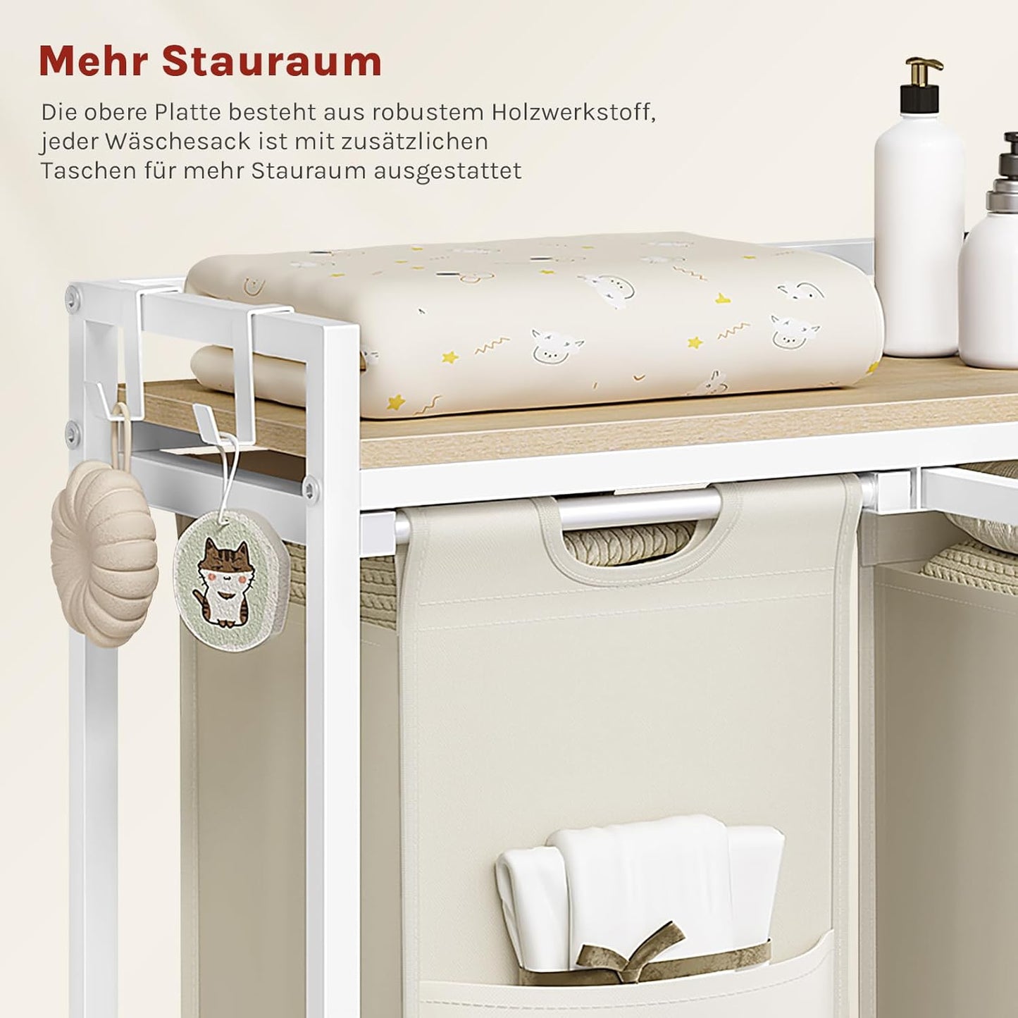 Woltu Wasmand met 2 Vakken en Opbergplank - 80L Inhoud - Uittrekbare & Uitneembare Waszakken - Wit/Licht Eiken - 70 x 30 x 71 cm