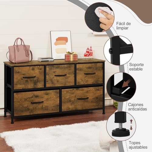 Woltu Ladekast 5 Lades Industrieel Vintage Bruin Zwart 100x30 cm