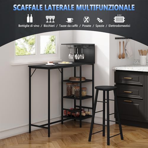 Woltu Bartafel met 4 Planken en 2 Bekerhouders - Zwart - 125,5 cm Hoogte, 108,5 x 40 cm Tafelblad