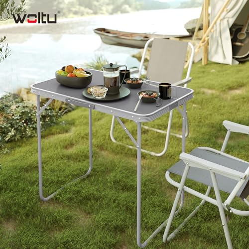 Woltu Campingtafel CPT8135gr - Opvouwbare Reistafel met Handvat - Aluminium en MDF - Grijs - 70 x 50 x 60 cm