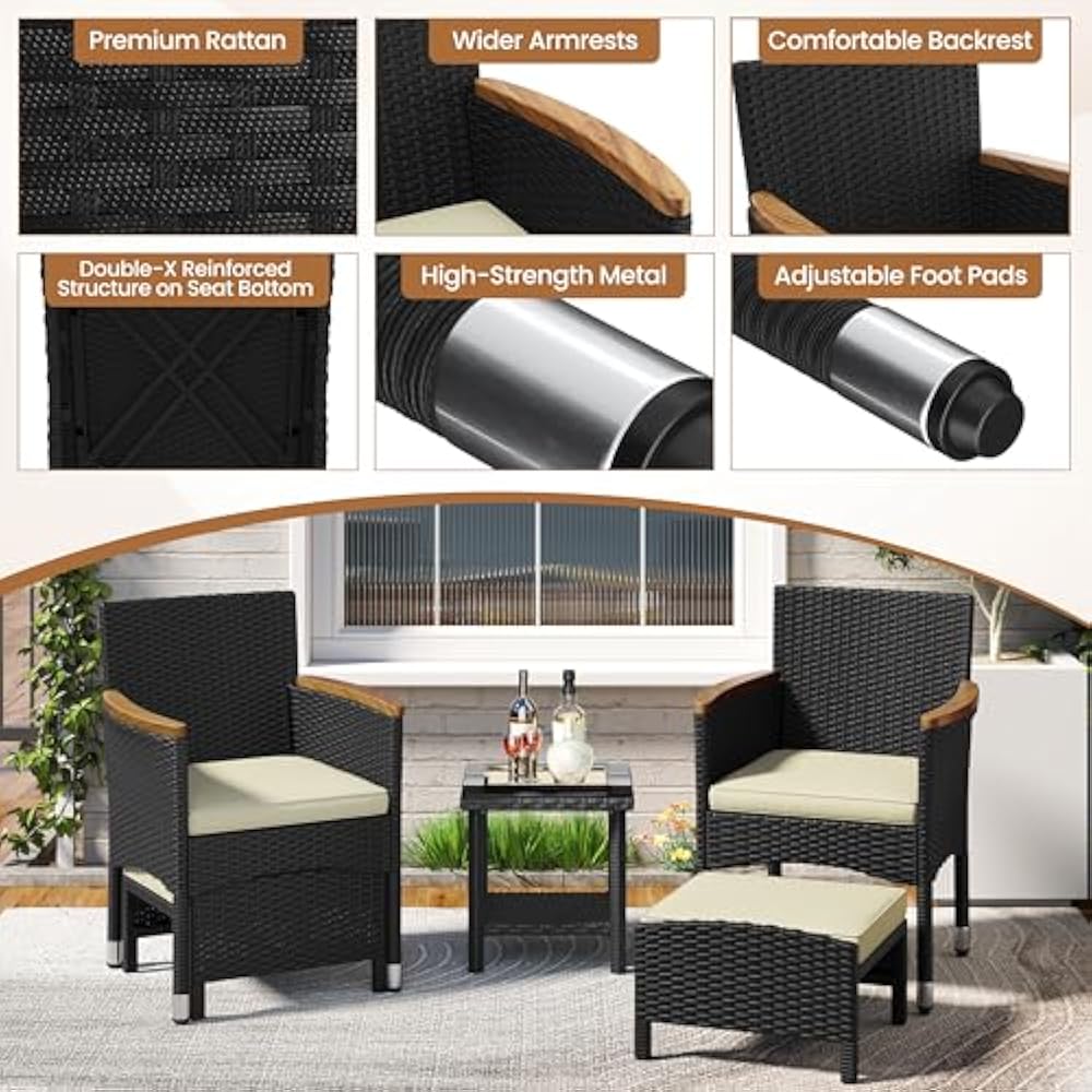 Yaheetech 5-Delige Loungeset Zwart/Beige – PE Rotan – Stoel 62 x 61,5 x 84,5 cm – Met Tafel en Voetenbanken