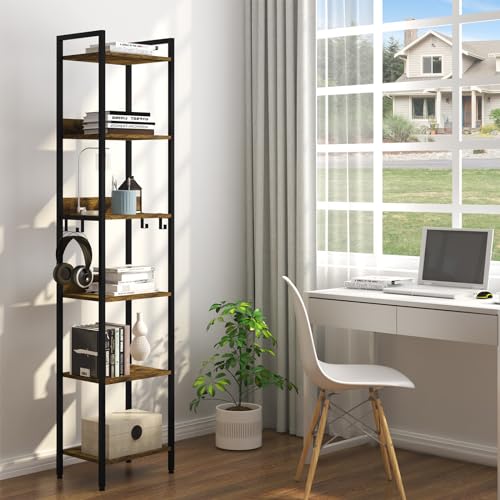 Woltu Industriële Boekenkast 6 Planken met 4 Verwijderbare Haken - Zwart Metaal en Donker Eiken - 40 x 30 x 187 cm