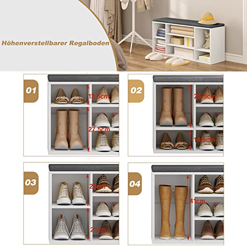 Woltu Schoenenbank met 7 Vakken - Houten Schoenenrek met Zitting en Kussen - Wit met Grijs - 103,5 x 48 x 30 cm