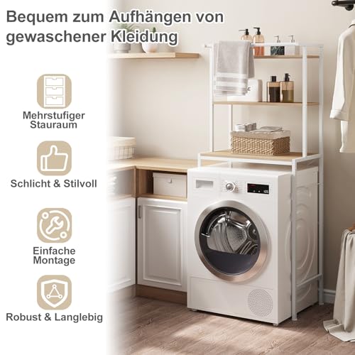 Eugad Opbergrek voor Wasmachine met 3 Planken en Handdoekhouder - Wit - 67 x 162 x 40 cm