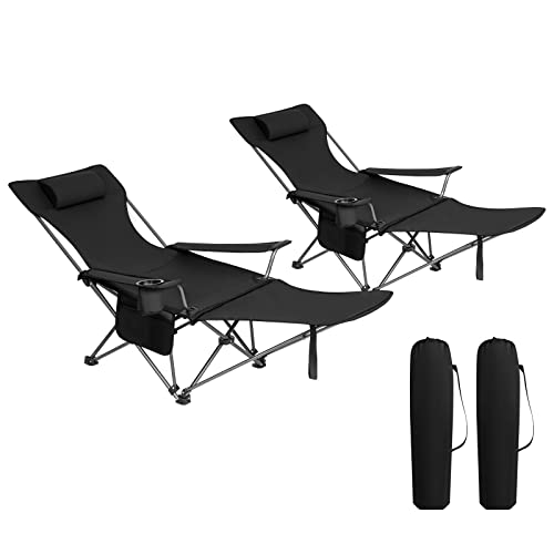 Woltu Vouwstoel Set van 2 - Lichtgewicht Campingstoel met Uittrekbare Voetensteun en Afneembare Hoofdsteun - Zwart - 115x84x88,5 cm