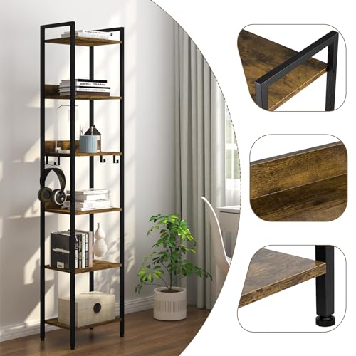 Woltu Industriële Boekenkast 6 Planken met 4 Verwijderbare Haken - Zwart Metaal en Donker Eiken - 40 x 30 x 187 cm